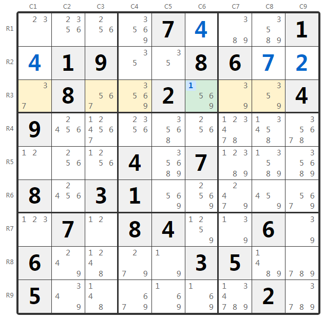 Sudoku Hidden Single Voorbeeld - Rij Analyse