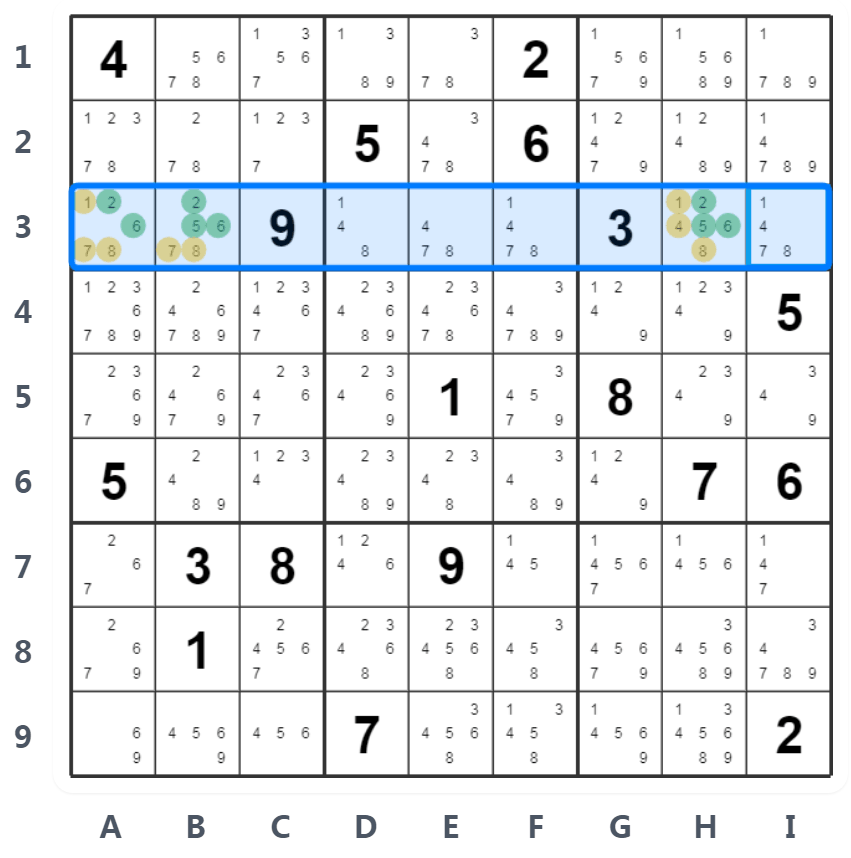 Sudoku Verborgen Drielingen Voorbeeld - Rijanalyse